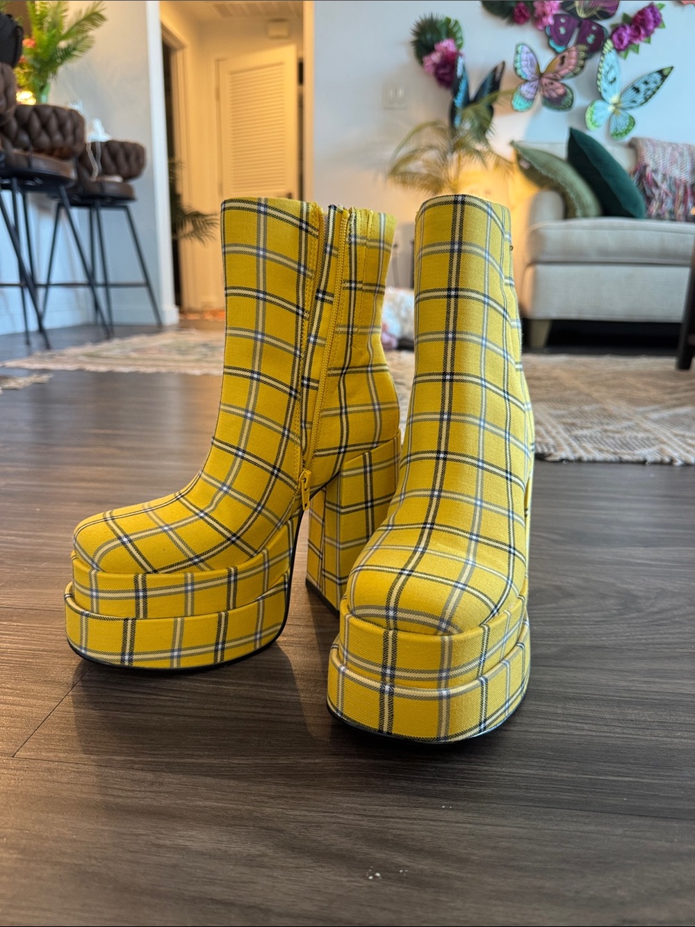 Steve Madden Yellow Plaid Platform Ankle Boots